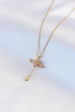 316L Çelik Gold Renk Kanatlı Kalp Model Zirkon Taş Detay Kadın Kolye 5886