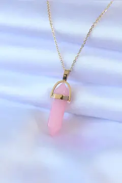 316L Çelik Gold Renk Kristal Pembe Taş Model Kadın kolye 5886