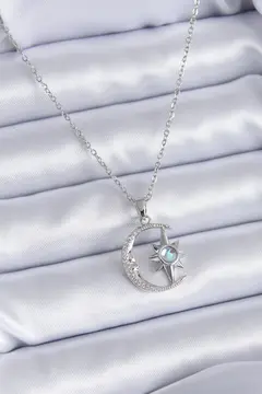 316L Çelik Gümüş Renk Zirkon Taşlı Ay Yıldız Model Kadın Kolye 5886