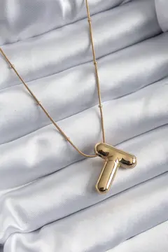 316L Çelik Gold Renk Bubble "T" Harf Model Kadın Kolye 5886