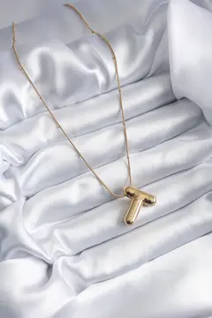 316L Çelik Gold Renk Bubble "T" Harf Model Kadın Kolye 5886