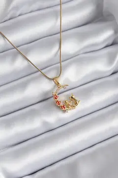 316L Çelik Gold Renk Hilal Kedi Model Zirkon Taşlı Detay Kadın Kolye 5886