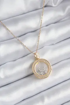 316L Çelik Gold Renk Zirkon Taş Detay Ay Yıldız Fanus Model Kadın Kolye 5886