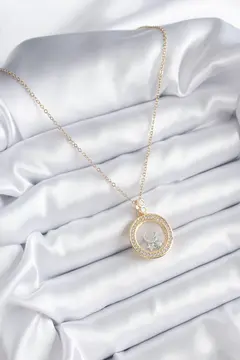 316L Çelik Gold Renk Zirkon Taş Detay Ay Yıldız Fanus Model Kadın Kolye 5886
