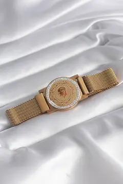 316L Çelik Gold Renk Mıknatıslı Hasır Zirkon Taşlı Çeyrek Altın Model Kadın Bileklik 5886