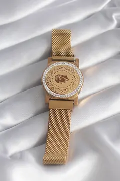 316L Çelik Gold Renk Mıknatıslı Hasır Zirkon Taşlı Çeyrek Altın Model Kadın Bileklik 5886