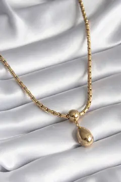 316L Çelik Gold Renk Yılan Sırtı Zincir Model Damla Sallantı Kadın Kolye 5886