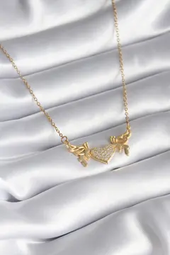 316L Çelik Gold Renk Zirkon Taşlı Kanatlı Kalp Model Kadın Kolye 5886