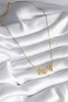 316L Çelik Gold Renk Zirkon Taşlı Kanatlı Kalp Model Kadın Kolye 5886