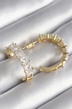 Pirinç Gold Renk Zirkon Taşlı Halka Model Kadın Küpe 5886