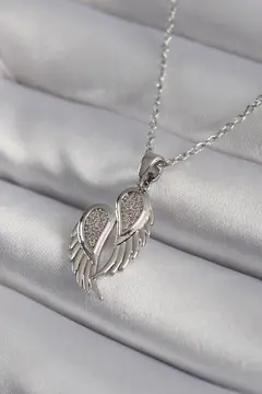 316L Çelik Gümüş Renk Zirkon Taşlı Kanat Model Kadın Kolye 5886