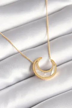 316L Çelik Gold Renk Beyaz Sedefli Hilal Model Kadın Kolye 5886