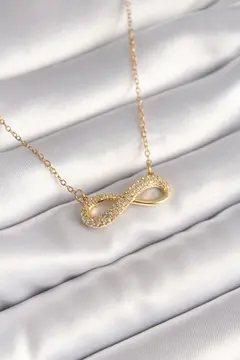 316L Çelik Gold Renk Zincir Zirkon Taşlı Sonsuzluk Model Kadın Kolye 5886