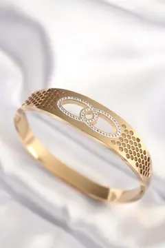 316L Çelik Gold Renk Zirkon Taşlı Kadın Kelepçe Bilezik 5886