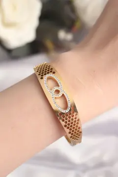 316L Çelik Gold Renk Zirkon Taşlı Kadın Kelepçe Bilezik 5886