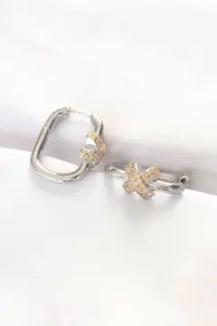 Pirinç Çift Renk Taşlı X Tasarımlı Dikdörtgen Küpe 5886