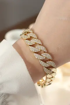Vip Seri Pirinç Ortası Zirkon Taşlı Gold Renk Gurmet Bileklik 5886