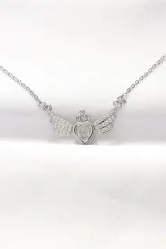 316L Çelik Silver Renk Zirkon Taşlı Kalpli Kanat Kolye 5886