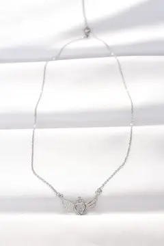 316L Çelik Silver Renk Zirkon Taşlı Kalpli Kanat Kolye 5886