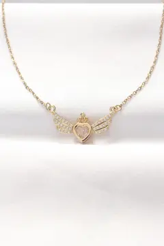 316L Çelik Gold Renk Zirkon Taşlı Kalpli Kanat Kolye 5886