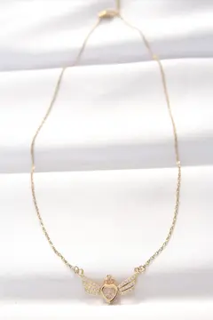 316L Çelik Gold Renk Zirkon Taşlı Kalpli Kanat Kolye 5886