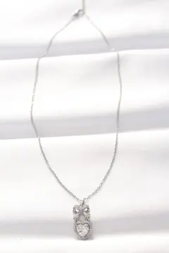 316L Çelik Silver Renk Zirkon Taşlı Kalpli Fiyonk Kolye 5886
