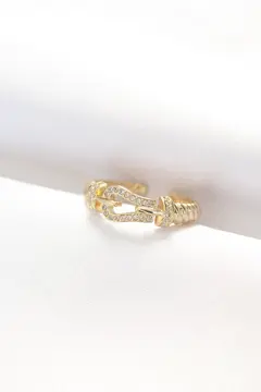 Kemer Tokası Tasarımlı Gold Renk Zirkon Taşlı Ayarlanabilir Yüzük 5886