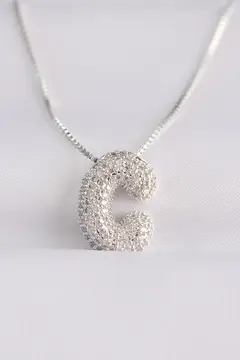 316L Çelik Zincirli Zirkon Taşlı C Harfli Silver Renk Bubble Kolye 5886