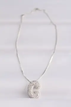 316L Çelik Zincirli Zirkon Taşlı C Harfli Silver Renk Bubble Kolye 5886
