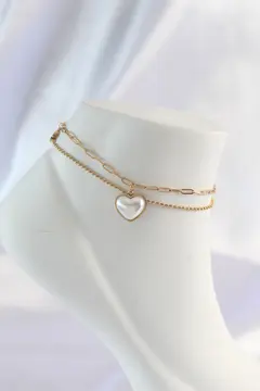316L Çelik Gold Renk Beyaz Kalpli 2li Halhal 5886