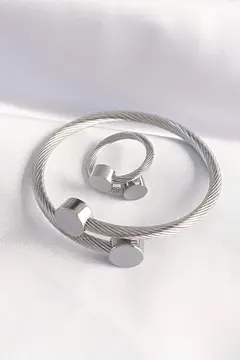 316L Çelik Gümüş Renk Oval Aksesuarlı Burgu Model Bileklik ve Yüzük Kombini 5886