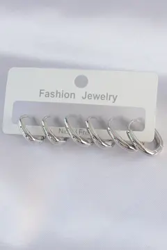 Pirinç Gümüş Renk Oval Küpe Seti 5886