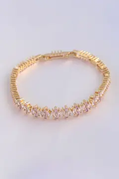 Vip Seri Pirinç Pembe Zirkon Taşlı Gold Renk Baget Model Bileklik 5886