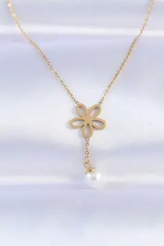 316L Çelik Zincir Gold Renk İnci Detay Çiçek Kolye 5886