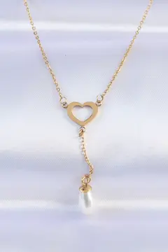 316L Çelik Zincir Gold Renk İnci Taş Detay Kalp Kolye 5886