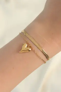 316L Çelik Gold Renk İtalyan Zincirli Kalp Model Bileklik 5886