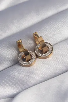 316L Çelik Gold Renk Zirkon Taşlı İç İçe Geçmeli Oval Küpe 5886
