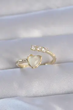 Pirinç Gold Renk Zirkon Taşlı Sedefli Kalp Model Ayarlanabilir Yüzük 5886