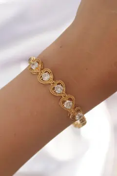 Pirinç Gold Renk İçi Zirkon Taşlı Kalp Figürlü Bileklik 5886