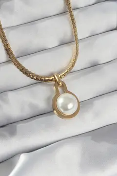 316L Çelik Gold Renk Yassı Zincir İnci Taşlı Kolye 5886