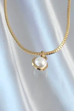 316L Çelik Gold Renk Yassı Zincir İnci Taşlı Kolye 5886
