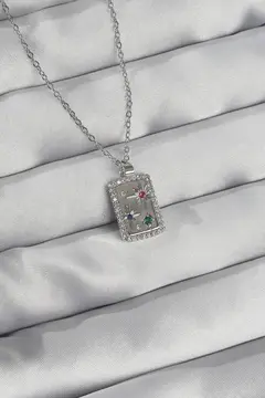 316L Çelik Zincir Gümüş Renk Renkli Zirkon Taşlı Vintage Kolye 5886