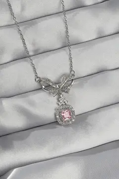316L Çelik Gümüş Renk Fiyonk Detay Pembe Zirkon Taşlı Tektaş Kolye 5886