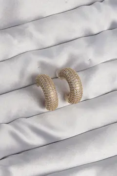 Pirinç Gold Renk Zirkon Taşlı Yarım Halka Küpe 5886