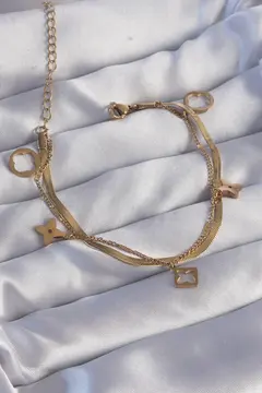 316L Çelik Gold Renk Çift Zincir Yonca Tasarım Bileklik 5886