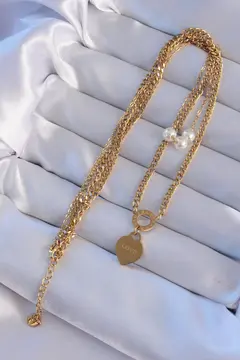 316L Çelik Gold Renk Çift Zincir İnci Detayı Love Kalp Kolye 5886