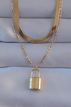 316L Çelik Gold Renk Çift Zincir Kilit Model Kolye 5886