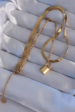316L Çelik Gold Renk Çift Zincir Kilit Model Kolye 5886