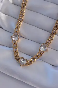 316L Çelik Gold Renk Zirkon Taşlı Kalp Model Zincir Kolye 5886