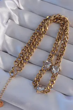 316L Çelik Gold Renk Zirkon Taşlı Kalp Model Zincir Kolye 5886